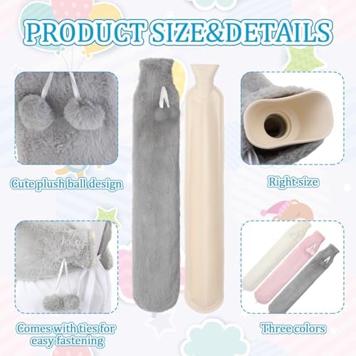 Tuanse 3 Pcs Long Hot Water Bottle with Cover 70 Fl Oz(2 Liter) Rubber Hot Water Bag for Pain Relief for Women Girl Seniors