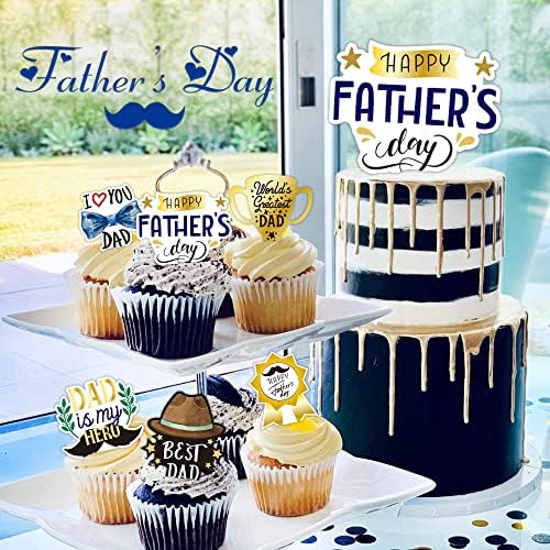 Father's Day Cupcake Toppers 48pcs Happy Fathers Day Cake Toppers I Love My Dad Best Dad Cupcake Picks with Beard Tie Signs for Father's Day Party Cupcake Decorations