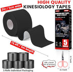 5 Rolls Kinesiology Tape, 2 inch x 16.4 Feet Waterproof Athletic Tape, Uncut Kinetic Tape, Muscle Tape, Sports Tape, Knee Tape for Exercise and Daily Use - Black