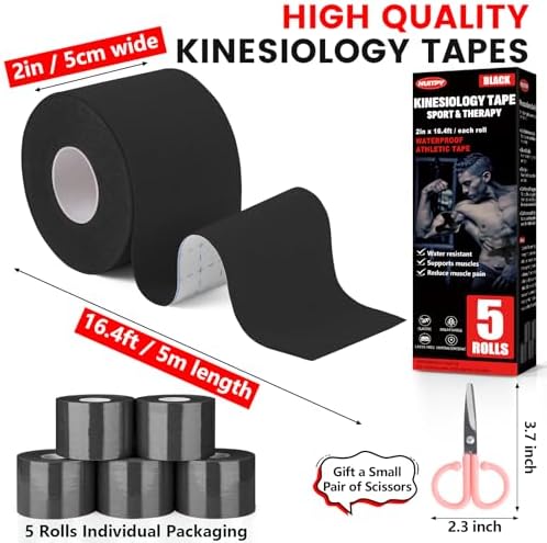 5 Rolls Kinesiology Tape, 2 inch x 16.4 Feet Waterproof Athletic Tape, Uncut Kinetic Tape, Muscle Tape, Sports Tape, Knee Tape for Exercise and Daily Use - Black