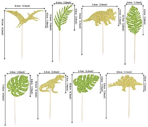 24 PCS Gold Glitter Dinosaur Set Cupcake Toppers with Green Palm Leaves T-Rex Cupcake Picks Dragon Dinosaur Theme Baby Shower Birthday Party Cake Decorations Supplies