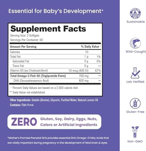 Prenatal DHA for Women 600mg + 400 IU Vitamin D3 | 120 Softgels | Supports Brain Health | Triglyceride Omega 3 Fish Oil DHA Prenatal Vitamins for Pregnancy & Nursing | 300mg per Capsule