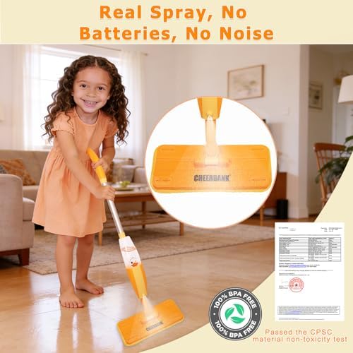 Kids Cleaning Set, Toddler Spray Mop for Age 2-5 Year, Montessori Toy for Kitchen Pretend Play, Birthday for Boys Girls (2 Washable Pads)