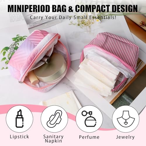 2PCS Sanitary Napkin Period bag, Waterproof PU Leather Sanitary Napkin Storage Bag for Women, Set of Pink Holographic & Striped Menstrual Storage Organizer for Travel