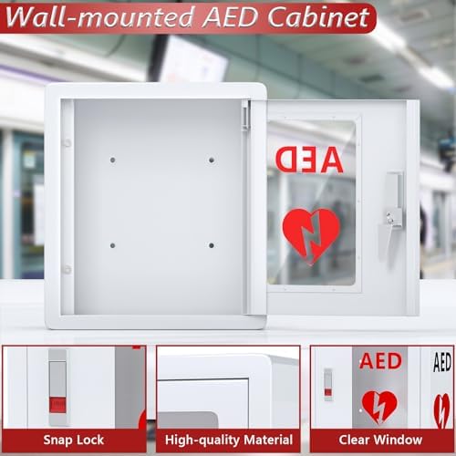 NLShan Wall Mounted AED Defibrillator Cabinet, Metal Steel Plate Storage Cabinet with Snap Lock, Fit All Brands of AED, 14.2 x 7.9 x 15.8 Inch