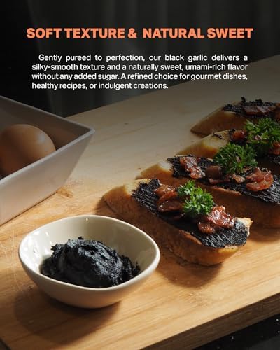 Homtiem Black Garlic Puree 150g. (Made from Solo Black Garlic 100%), Whole Black Garlic Fermented for 90 Days, Non-GMOs, High in Antioxidants, Ready to Eat for Snack Healthy, Healthy Recipes.