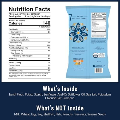 Simply 7 Quinoa Chips Cheddar, Gluten-Free Vegan Snack, Low Calorie Plant-Based Protein Crunch, Nut-Free Veggie Treat, Healthy Chip Variety, Non-GMO Vegetable Crisp, 8 Pack, 3.5oz Each