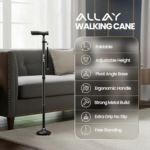 Allay Walking Canes for Men & Women - Adjustable Canes for Women for Stability, Self Standing Wide Quad Pivot Base, Light Weight, Soft Handle Grip and Travel Bag, Walking Sticks for Seniors & Adults