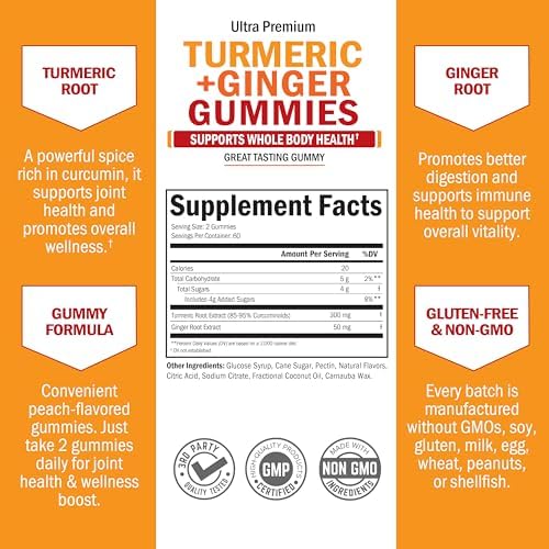 Turmeric Curcumin with Ginger Gummies - Natural Extra Strength Joint Support Supplement, Delicious Peach Flavor Ultra High Absorption Turmeric Supplement Non-GMO, Gluten Free 120 Count