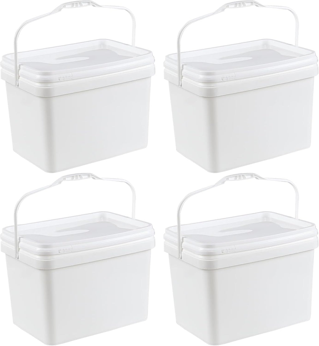 5 Gallon Rectangular Plastic Bucket Pail with Lid, 4 Pack White Square Bucket Pail Container with Handle for Food Storage
