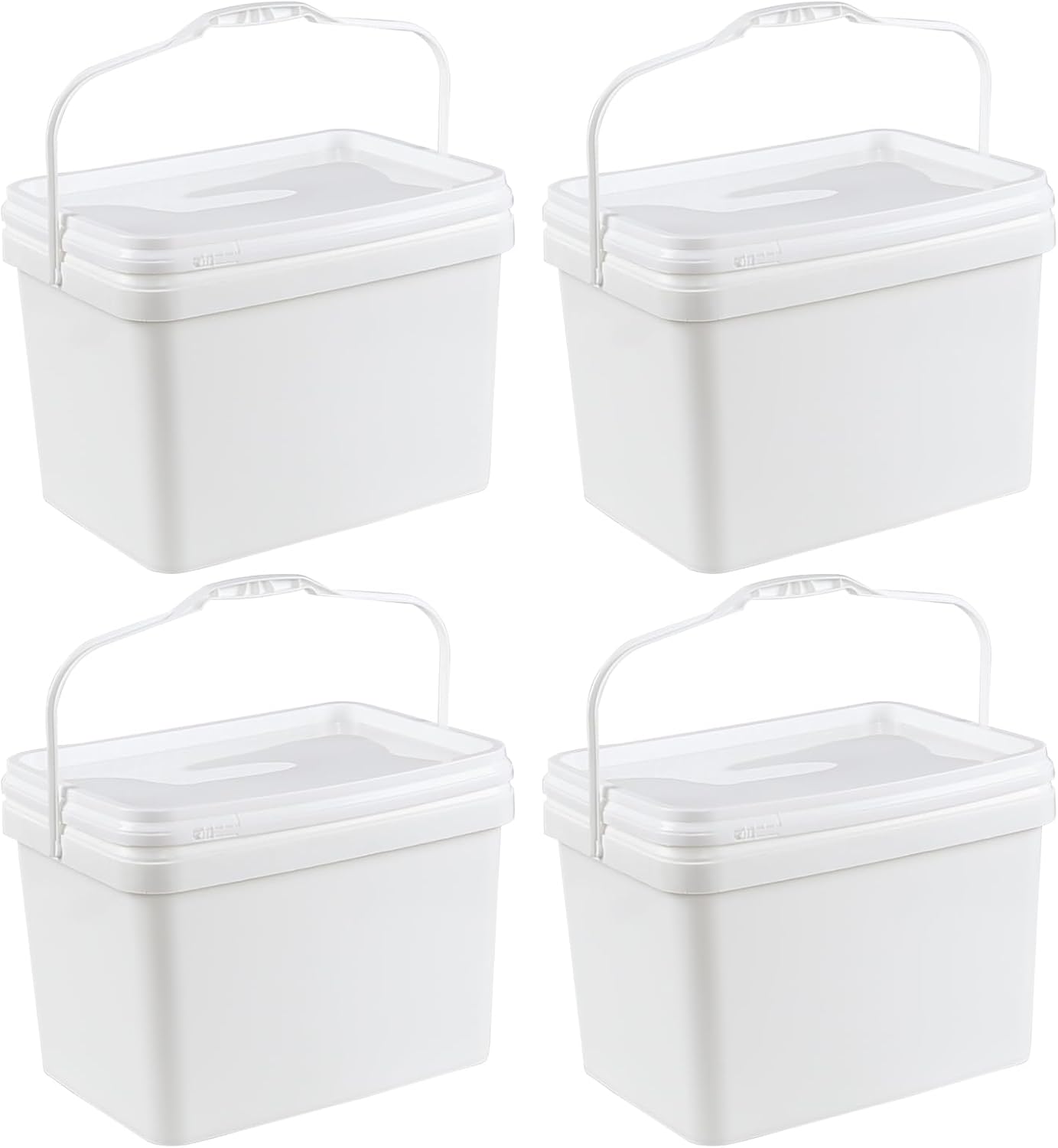 5 Gallon Rectangular Plastic Bucket Pail with Lid, 4 Pack White Square Bucket Pail Container with Handle for Food Storage