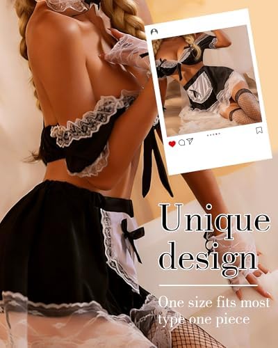 Maid Costume for Women - 7 Pcs Maid Outfit White Lace Cuffs Headband Choker Black Fishnet Stockings Halloween Anime Cosplay Theme Party Outfit