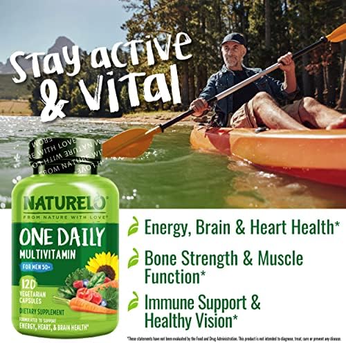 NATURELO Mens Multivitamins for Men 50+ - One Daily Multivitamin for Men with Vitamins, Minerals & Organic Whole Foods, Boost Energy & Health, Non-GMO, 120 Vegetarian Capsules