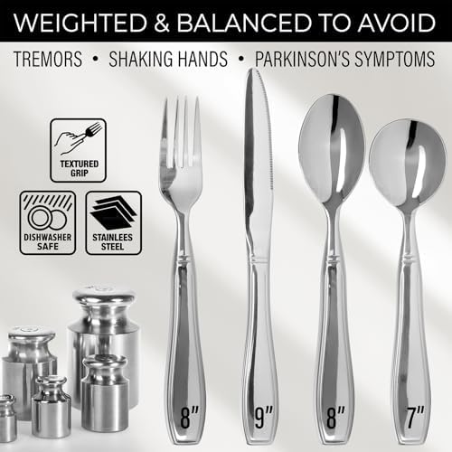 Weighted Utensils for Hand Tremors and Parkinson's Patients - 4 Piece Set Weighted Silverware for Elderly, Arthritis, Weak Hand Grip - Convenient Travel Bag, Stainless Steel, 7 Oz