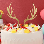 Christmas Antlers Cake Topper Set 5Pcs Gold Acrylic Reindeer Antler Cupcake Toppers and Fruit Picks for Holiday Party Cake Decorations Birthday and Baby Shower Dessert Accessories