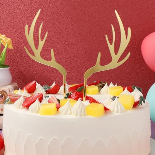 Christmas Antlers Cake Topper Set 5Pcs Gold Acrylic Reindeer Antler Cupcake Toppers and Fruit Picks for Holiday Party Cake Decorations Birthday and Baby Shower Dessert Accessories