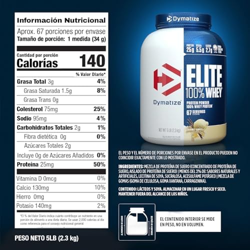 Dymatize Elite 100% Whey Protein Powder, Vanilla, 25g of Protein, 5.5g BCAAs, Less Than 140 Cal., Gluten Free, 2g Carb, 2g Sugar, 3g Fat (67 Servings)