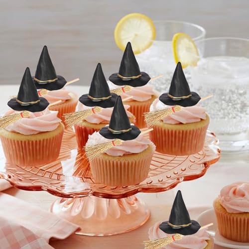 Rsstarxi 12 Pack Halloween Witch Hat Cupcake Toppers Broom Witch Hat Cupcake Picks for Witch Wizard Theme Birthday Halloween Party Cake Decorations Supplies