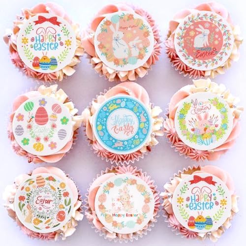 56 Pcs Easter Edible Cupcake Toppers with Bunny Egg Decorations for Birthday, Rabbit Theme Party and Baby Shower Party (Easter Bunny Round)