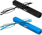 MMOWW Small Reading Glasses Men Women 2 Pairs Slim Pocket Readers with Pen Clip Metal Case Spring Hinge (Black+Blue,2.5)