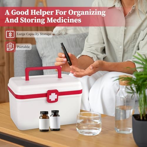 Medical First Aid Box with Handle and Detachable Tray, Double Layer Medicine Storage Case, Multipurpose Emergency Supplies Organizer for Home/Office/Travel/Car/Dorms