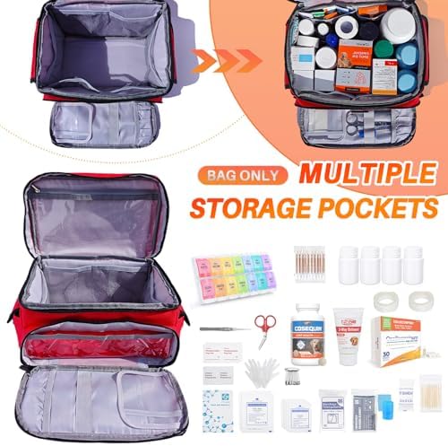 First Aid Bag Empty 12" x 9" x 7" Medical Bag Red Pill Bottle Organizer Portable Emergency Bag Travel Medicine Kit Storage Case First Aid Box for Car, Home, Office, Dorm, Outdoor (Small)