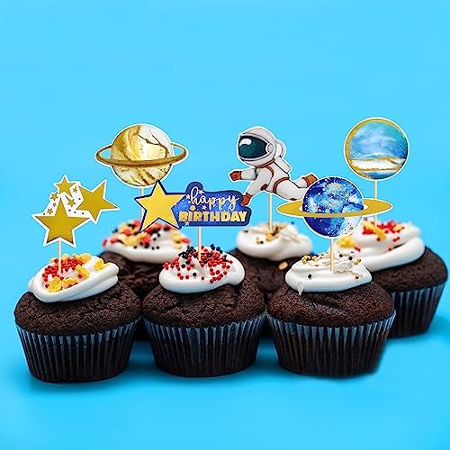 Ercadio 36 Pack Space Astronaut Cupcake Toppers Space Boy Moon Rocket Planet Cupcake Toppers Earth Planet Cupcake Picks Space Theme Gender Reveal Birthday Shower Party Supplies