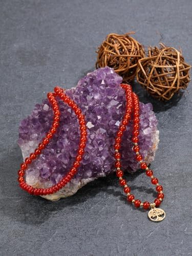 Jovivi 108 Mala Beads Bracelet Necklace, Natural Healing Crystal Stones Prayer Beads Yoga Meditation Gemstone Necklace Gold Copper Tree Life Pendant