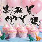24Pack Dragon Cupcake Toppers Black Glitter Dinosaur Birthday Cupcake Picks for Flying Dragon Theme Baby Shower Kids Birthday Party Cake Decorations Supplies