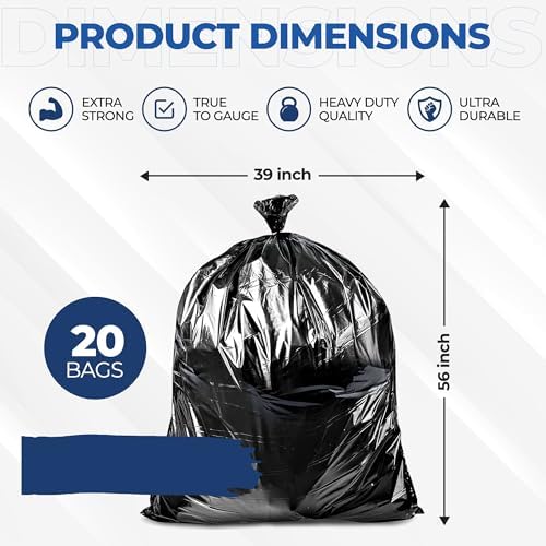 55 Gallon Large Trash Bags [39” X 56” – 20 Micron] 20 Black Contractor Garbage Bags | Heavy Duty Lawn Leaf Yard Waste Bags | 55-60 Gallon Extra Large Construction Industrial Plastic Trash Can Liners