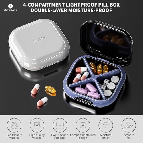 ONTERATE Small Pill Case, Travel Pill Organizer, Small Pill Box, Pill Container for Purse 4 Compartments, Daily Compact Travel Medicine Holder for Vitamins Medication (Pink)