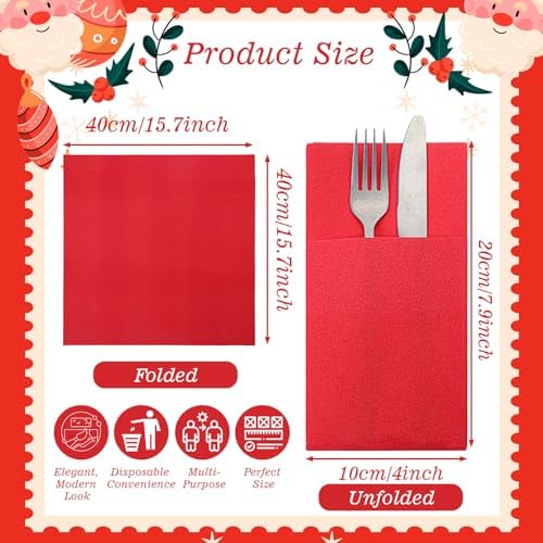 50 Pieces Linen Feel Napkins Red with Built in Flatware Pocket, Disposable Airlaid Paper Napkins Prefolded Dinner Napkin for Silverware Valentine Wedding Party Christmas Day