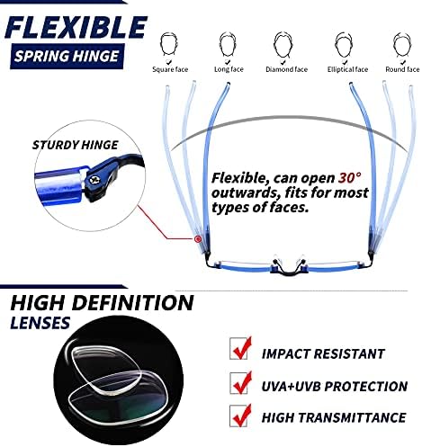 3 Pack Reading Glasses for Women Blue Light Blocking, Anti Eyestrain/UV 400 Filter Readers with Spring Hinge, Lightweight Rimless Tinted Metal Blue Rays Eyeglasses (200)