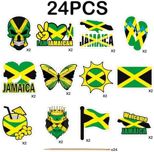 Jamaican Dessert Cupcake Toppers Party Supplies - Jamaica Paper Straw Decor Party Favors - Jamaican Baby Shower or Birthday Party Decorations - Set of 24 Counts
