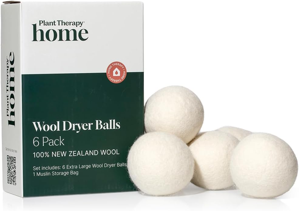Plant Therapy Home Wool Dryer Balls 6-Pack 100% New Zealand Wool, Extra Large, Eco-Friendly, Reusable Natural Fabric Softener, All Natural & Chemical Free
