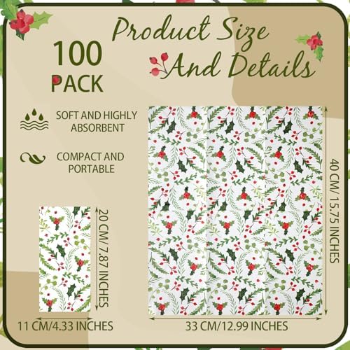Jetec 100 Pcs Christmas Paper Napkins Disposable Berries Pine Guest Napkin 2 Ply Holly Berries Napkin Xmas Party Greenery Dinner Cocktail Hand Towels for Winter Holiday Kitchen Supplies