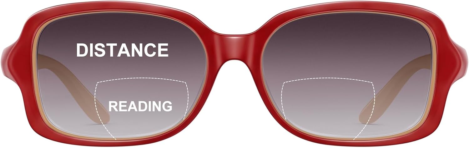 JM Classic Bifocal Reading Glasses Square Stylish Gradient Sunglasses Readers for Women +2.0 Red
