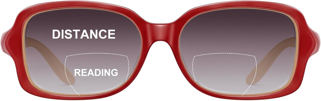 JM Classic Bifocal Reading Glasses Square Stylish Gradient Sunglasses Readers for Women +2.75 Red
