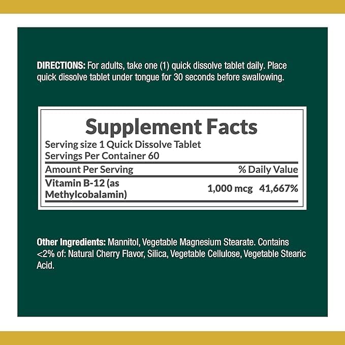 Nature's Bounty Vitamin B-12 Quick Dissolve Tablets,1000mcg,Aids in The Conversion of Food into Cellular Energy,Cherry Flavor,60ct,(Pack of 2)
