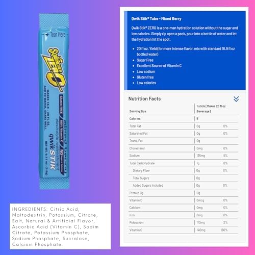 Sqwincher ZERO Qwik Stik - Sugar Free Electrolyte Powdered Beverage Mix, Assorted Flavors (40 Sticks)