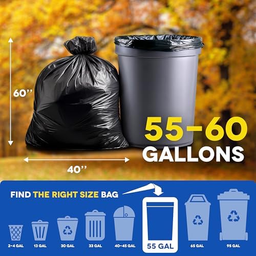Large Trash Bags 55-60 Gallon | 150 Count, Heavy Duty Black Garbage Bags | Unscented, Leak Proof, Bulk Pack for Office, Industrial & Commercial Use - Made in USA