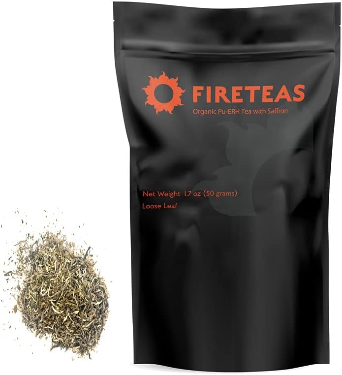 FIRE TEAS Pu-ERH Loose Leaf Saffron Tea - Aged, Smooth & Elegant Taste - Caffeinated - White buds from old Yunnan Pu'erh Trees -