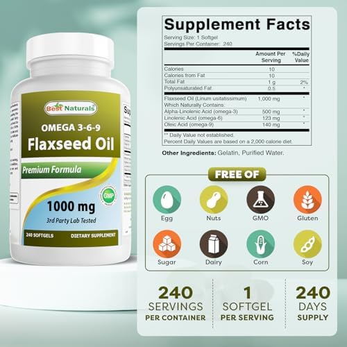 Best Naturals Flaxseed Oil 1000 mg 240 Softgels - Omega-3-6-9 for Heart Health