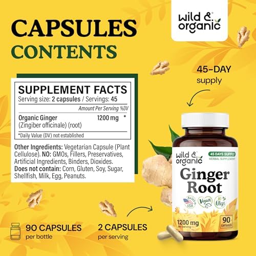 Wild & Organic Ginger Root Capsules 1200 mg - Immune & Digestive Support - Natural Ginger Supplements - Zingiber Officinale Powder - 45 Days of Supply - Vegan, No Fillers, Non-GMO - 90 Count