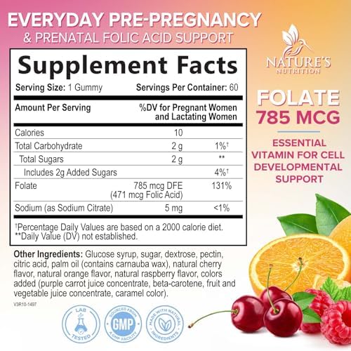 Folic Acid Gummies for Women - Folate 785 mcg Per Serving - Essential Prenatal Vitamins for Mom & Baby, Vegan Folic Supplement Gummy, Daily B9 Vitamin, Before During After Pregnancy - 60 Gummies