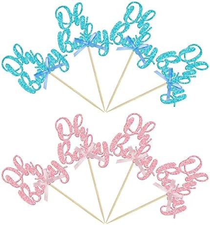 Gyufise 36Pcs Oh Baby Cupcake Toppers Pink Blue Bow Glitter Baby Shower Gender Reveal Cupcake Picks for Boy or Girl Theme Baby Shower Kids Birthday Party Cake Decorations Supplies