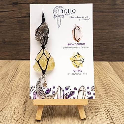 BOHO GARDEN Hanging Car Charm - Smoky Quartz & Citrine - Dangling Moon, Healing Crystal Accessories, Rearview Mirror Decorations ÐGrounding, Cleansing, Protection, Joy, Abundance, Clarity, Energy