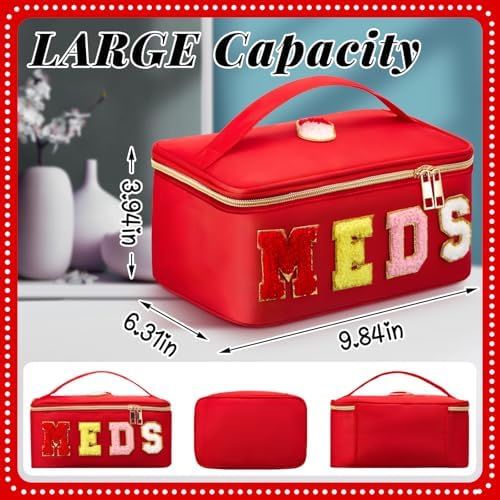 Geetery Clear Makeup Bag Chenille Letter Meds Bag Travel Cases Preppy Patch with Zipper, Portable Cosmetic Toiletry Storage case for Women(Meds,Red)