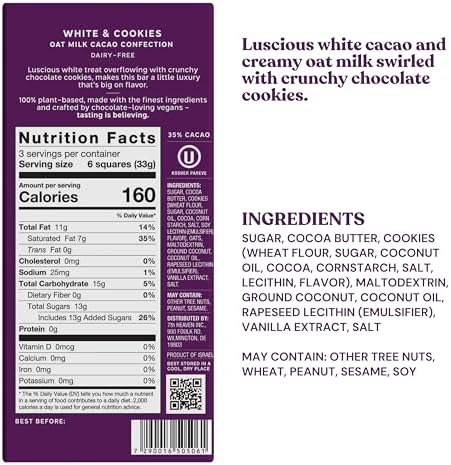7th Heaven, Vegan Oat Milk Chocolate Bars: White & Cookies - (3.5 oz - 4 Pack), Healthy Chocolate, Perfect Valentines Gift For Your Loved Ones, 100% Dairy Free, Non GMO, Kosher Parve, Cruelty Free, Fair Trade Cocoa