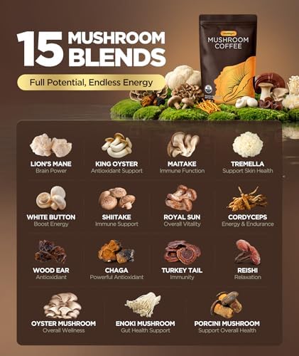 Mushroom Coffee with 15 Natural Mushrooms, Medium Roast Coffee With KSM-66 Ashwagandha & L-theanine Boosts Focus, Immunity, Energy, Mood & Gut Health, Arabica Instant Coffee, Vegan, 40 Servings